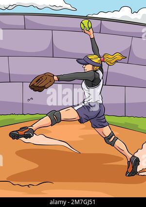 Softball Sports Colored Cartoon Illustration Stock Vector