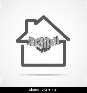 The outline of the house with handshake icon, isolated on light background. Vector illustration. The concept of a successful sale or purchase of real Stock Vector
