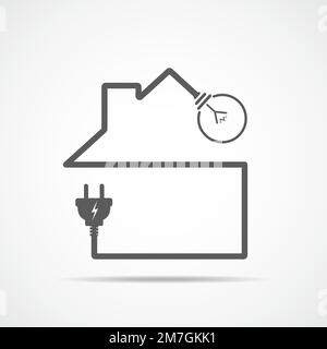 The outline of the house with light bulb and wire plug. Vector illustration. Gray house icon, isolated on light background. Stock Vector