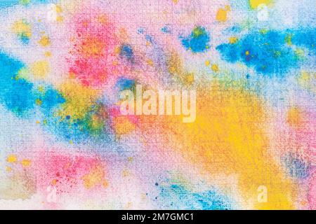 Watercolor abstract background painting with spray, spots, splashes. Hand drawn on paper grain texture. Trendy colorful backdrop Stock Photo