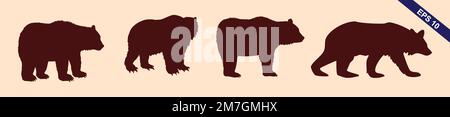 various bear silhouettes on the light grey background Stock Vector