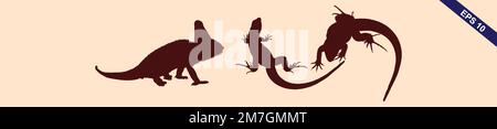 Set of lizard, salamader, gecko sillhouette on light brown background. Top view. Vector illustration Stock Vector