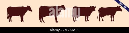 Bull set. Stylized silhouettes of standing in different poses and butting up bulls. Isolated on white background. Bull logo designs set. Vector illust Stock Vector