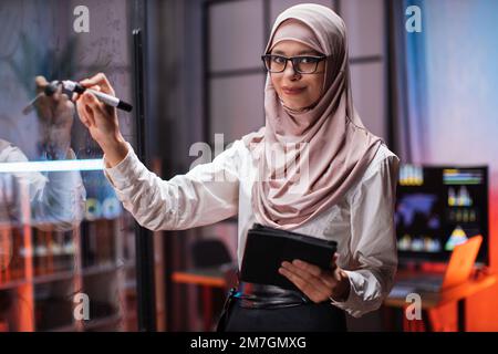 Side view of smart young businesswoman in hijab, brainstorming near office glass board, using tablet. Confident female employee writing on glass wall, developing business project at workplace. Stock Photo