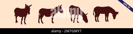 A set of detailed high quality donkey farm animal silhouettes Stock Vector