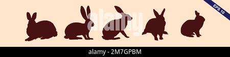 Silhouettes of easter bunnies isolated on a light brown background. Set of different rabbits silhouettes for design use. Stock Vector