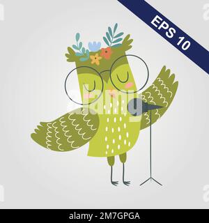 Cartoon long-eared owl on a grey background. Flat cartoon illustration for kids. Stock Vector