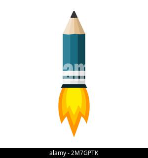 Pencil as flying rocket with fire, on white background. Vector illustration. Concept of creative design. Stock Vector