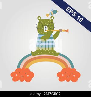 cool bear toy singing sit on rainbows illustration Stock Vector