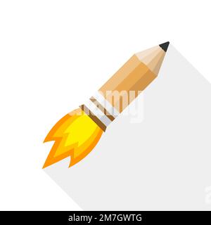 Pencil as flying rocket with fire, on white background. Vector illustration. Concept of creative design. Stock Vector