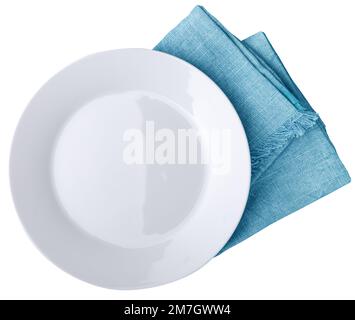 White plate isolated with kitchen towel Stock Photo