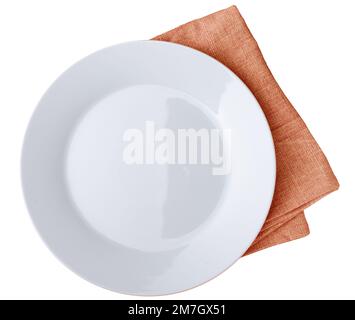 White plate isolated with kitchen towel Stock Photo