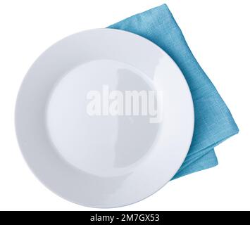 White plate isolated with kitchen towel Stock Photo