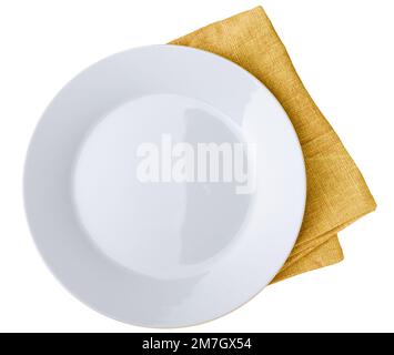 White plate isolated with kitchen towel Stock Photo