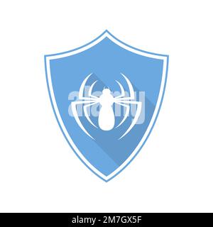 Blue shield with spider icon in flat design. Vector illustration. Shield isolated on white background. Stock Vector