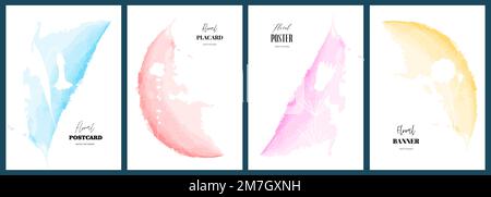 Poster templates with abstract watercolor drawing flowers. Floral art hand drawn placards. Botanical artistic paint brush cover collection. Banners with summer blooms. Herbal plants vector postcard Stock Vector