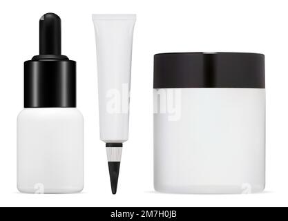 Cream jar and cream tube vector mockup design. Face serum dropper container blank. Moisturizer ointment small package. Beauty cosmetic set, powder jar Stock Vector