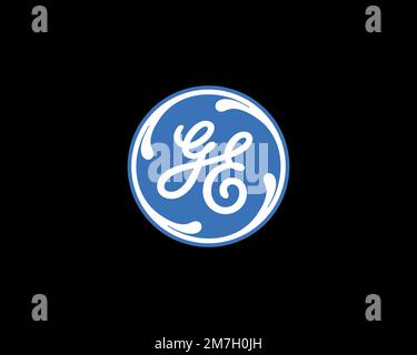 GE Technology Infrastructure, rotated logo, black background B Stock Photo