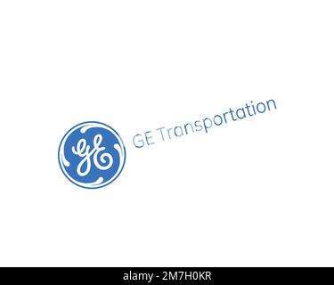 GE Transportation, rotated logo, white background Stock Photo