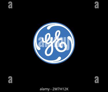 General Electric, rotated logo, black background Stock Photo