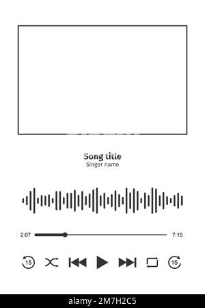 Music player interface with frame for song cover, equalizer, loading progress bar with timer, buttoms shuffle, rewind, play, fast forward, repeat. MP3 player template. Vector graphic illustration Stock Vector