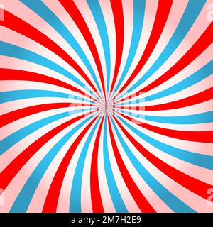 Pink and blue radial twirled stipes, vortex effect, pinwheel pattern. Circus, carnival or festival background. Bubble gum, sweet lollipop candy, ice cream texture. Vector cartoon illustration Stock Vector