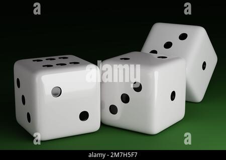 Three white dices on green background. 3D Render Stock Photo