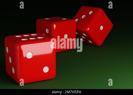 Three red dices on green background. 3D Render Stock Photo