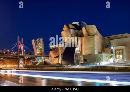 Night view of Guggenheim museum over the Nervion river estuary. Bilbao, Spain Stock Photo
