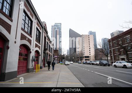 City Street with Fire Station and Fog in Seattle, WA Stock Photo