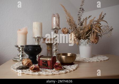 Spiritual altar, natural stones, shamanism ceremony Stock Photo