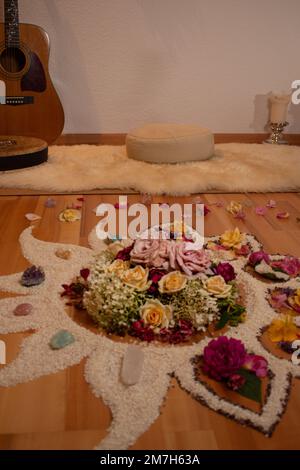 Spiritual altar, natural stones, shamanism ceremonyflower Stock Photo