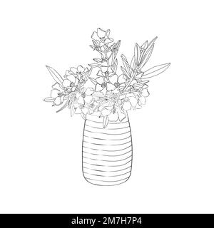 Bouquet of Oleander (flower) in a vase. Hand draw vector for coloring page Stock Vector