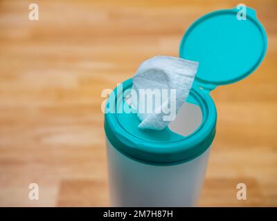 Disposable hand sanitizer disinfectant wipes. Anti bacterial cleaning wipes used for preventing the spread of Coronavirus during the COVID-19 pandemic. Stock Photo