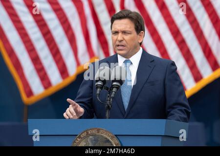 Gov. Ron DeSantis gives a speech after being sworn in for his 2nd term as Governor of Florida on Jan 3, 2023. Stock Photo