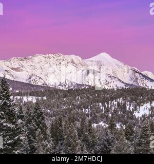 pre-dawn sky over sacagawea peak in winter in the bridger mountains near bozeman, montana Stock Photo