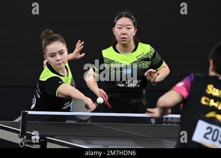 Doha, Qatar. 9th Jan, 2023. Zauresh Akasheva/Sarvinoz Mirkadirova (L) of Kazakhstan compete against Wang Manyu/Sun Yingsha of China during the women's doubles round of 16 match of World Table Tennis Championships (WTTC) Asian Continental Stage in Doha, Qatar, Jan. 9, 2023. Credit: Nikku/Xinhua/Alamy Live News Stock Photo