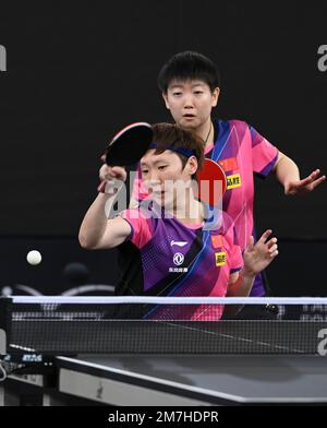 Doha, Qatar. 9th Jan, 2023. Wang Manyu (L)/Sun Yingsha of China compete against Zauresh Akasheva/Sarvinoz Mirkadirova of Kazakhstan during the women's doubles round of 16 match of World Table Tennis Championships (WTTC) Asian Continental Stage in Doha, Qatar, Jan. 9, 2023. Credit: Nikku/Xinhua/Alamy Live News Stock Photo