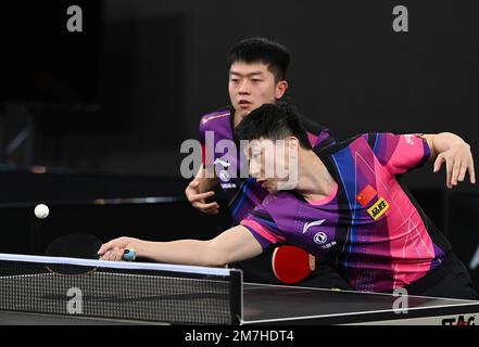 Doha, Qatar. 9th Jan, 2023. Ma Long (R)/Yuan Licen of China compete against Sharath Kamal Achanta/Sathiyan Gnanasekaran of India during the men's doubles round of 16 match of World Table Tennis Championships (WTTC) Asian Continental Stage in Doha, Qatar, Jan. 9, 2023. Credit: Nikku/Xinhua/Alamy Live News Stock Photo