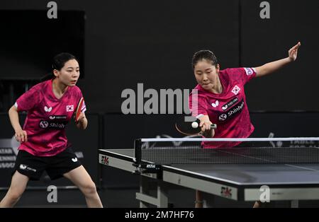 Doha, Qatar. 9th Jan, 2023. Choi Hyojoo/Lee Zion (R) of South Korea compete against Rozalina Khadjieva/Markhabo Magdieva of Uzbekistan during the women's doubles round of 16 match of World Table Tennis Championships (WTTC) Asian Continental Stage in Doha, Qatar, Jan. 9, 2023. Credit: Nikku/Xinhua/Alamy Live News Stock Photo