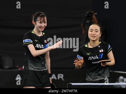 Doha, Qatar. 9th Jan, 2023. Hayata Hina/Ito Mima (R) of Japan react against Orawan Paranang/Suthasini Sawettabut of Thailand during the women's doubles round of 16 match of World Table Tennis Championships (WTTC) Asian Continental Stage in Doha, Qatar, Jan. 9, 2023. Credit: Nikku/Xinhua/Alamy Live News Stock Photo