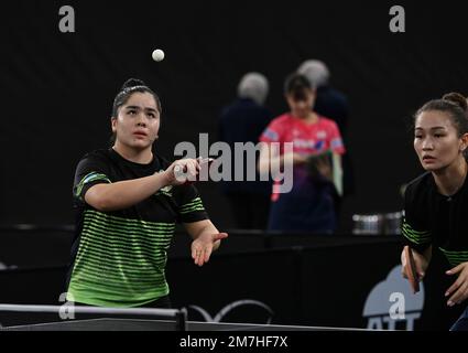 Doha, Qatar. 9th Jan, 2023. Rozalina Khadjieva/Markhabo Magdieva (L) of Uzbekistan compete against Choi Hyojoo/Lee Zion of South Korea during the women's doubles round of 16 match of World Table Tennis Championships (WTTC) Asian Continental Stage in Doha, Qatar, Jan. 9, 2023. Credit: Nikku/Xinhua/Alamy Live News Stock Photo