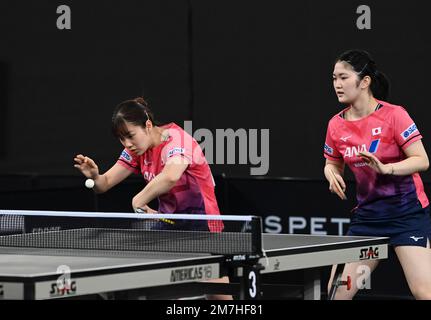 Doha, Qatar. 9th Jan, 2023. Kihara Miyuu/Nagasaki Miyu (L) of Japan compete against Anastassiya Lavrova/Angelina Romanovskaya of Kazakhstan during the women's doubles round of 16 match of World Table Tennis Championships (WTTC) Asian Continental Stage in Doha, Qatar, Jan. 9, 2023. Credit: Nikku/Xinhua/Alamy Live News Stock Photo