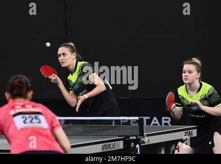 Doha, Qatar. 9th Jan, 2023. Anastassiya Lavrova (L)/Angelina Romanovskaya of Kazakhstan compete against Kihara Miyuu/Nagasaki Miyu of Japan during the women's doubles round of 16 match of World Table Tennis Championships (WTTC) Asian Continental Stage in Doha, Qatar, Jan. 9, 2023. Credit: Nikku/Xinhua/Alamy Live News Stock Photo