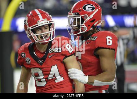 Inglewood, United States. 09th Jan, 2023. Georgia Bulldogs wide receiver Ladd McConkey (84) celebrates in the end zone with Georgia Bulldogs running back Kenny McIntosh (6) after a touchdown reception in the first quarter against the TCU Horned Frogs at the 2023 NCAA College Football National Championship between Georgia and TCU at SoFi Stadium in Inglewood, California, on Monday, January 9, 2023. Photo by Mike Goulding/UPI Credit: UPI/Alamy Live News Stock Photo