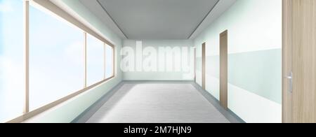 Light empty corridor, 3d hospital, clinic, office hall with large windows and doors by sides perspective view. Modern ward, medical fascility, light room with lamps on ceiling, Realistic vector mock p Stock Vector