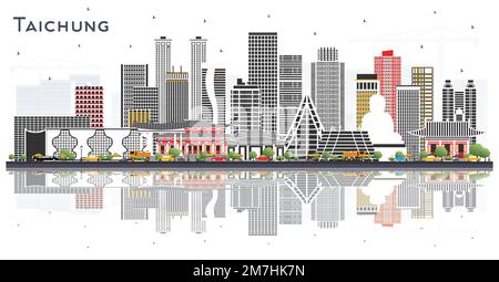 Taichung Taiwan City Skyline with Gray Buildings and Reflections Isolated on White. Vector Illustration. Tourism Concept with Historic Architecture. Stock Vector
