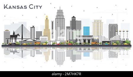 Kansas City Missouri Skyline with Color Buildings and Reflections Isolated on White. Vector Illustration. Tourism Concept with Modern Architecture. Stock Vector