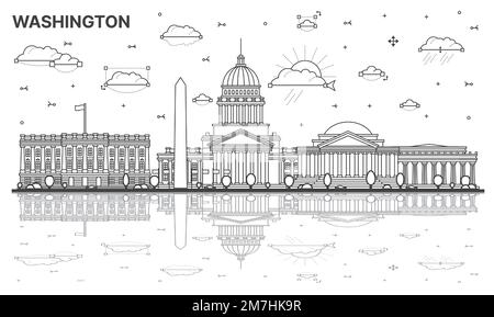 Outline Washington DC City Skyline with Historic Buildings and Reflections Isolated on White. Vector Illustration. Washington DC USA Cityscape. Stock Vector