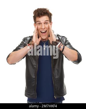 Can you hear me now. A cropped portrait of an excited young man yelling, isolated on white. Stock Photo